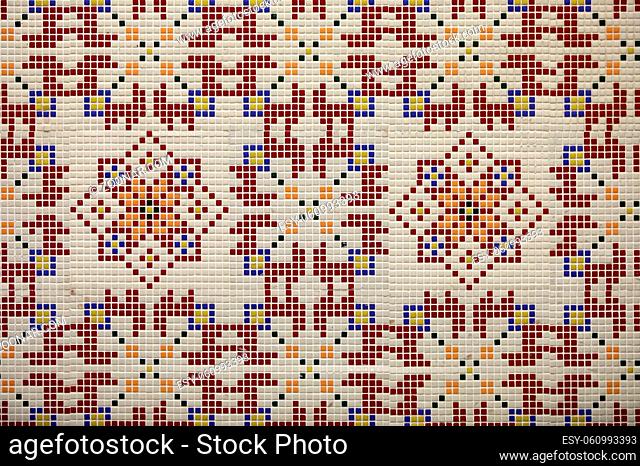 Checkered traditional Bulgarian ceramic mosaic tile background pattern. Architectural mosaic detail, abstract background for street, bath and pool