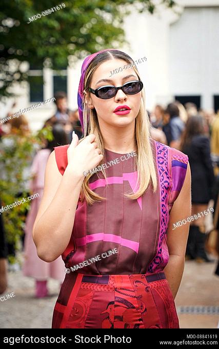 American actress Madelyne Cline at the Salvatore Ferragamo fashion show on the fourth day of Milan Fashion Week Women's collection Spring Summer 2022
