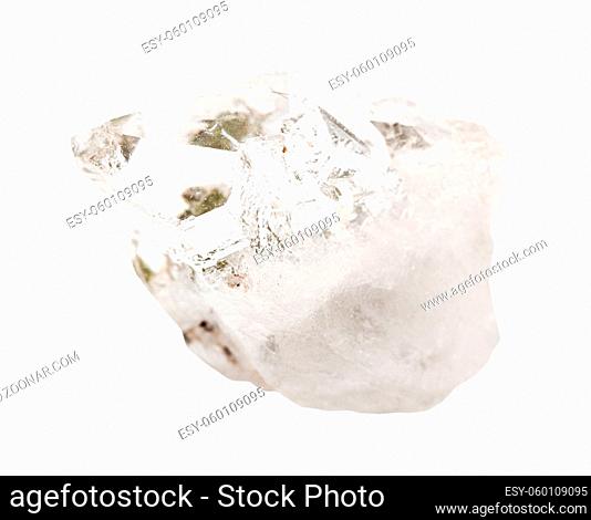 closeup of sample of natural mineral from geological collection - rough Rock crystal (colorless Quartz) isolated on white background