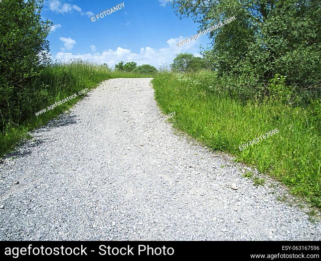 View along an uphill gravel road in a hilly landscape surrounded by grass and small trees in front of a blue summer sky with small white clouds