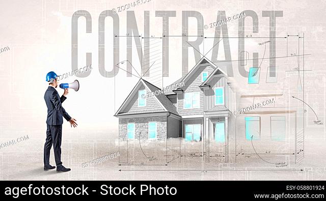 Young engineer holding blueprint with CONTRACT inscription, house planning concept