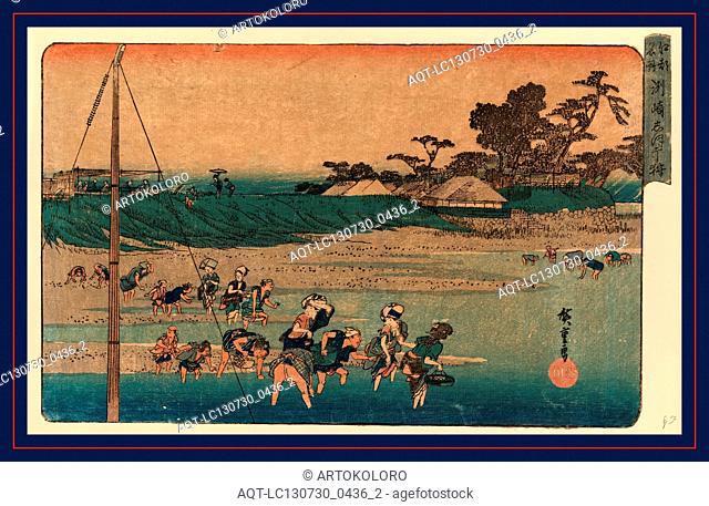 Susaki shiohigari, Salt gathering at Suzaki., Ando, Hiroshige, 1797-1858, artist, [between 1833 and 1836], 1 print : woodcut, color ; 23 x 36.7 cm