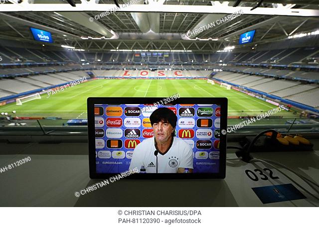Head coach Joachim Loew of Germany seen on a laptop screen during a press conference at Stade Pierre Mauroy in Lille, France, 11 June 2016