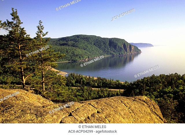 View of Old Woman's Bay at sunset, Lake Superior from atop the Nokomis Trail, Lake Superior Provincial Park, Ontario, Canada