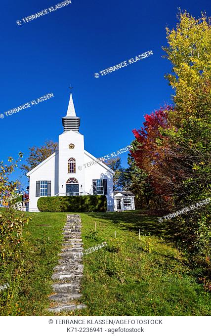 La Chapelle St-Dunstan church with fall foliage color in Lac Beauport, Quebec, Canada