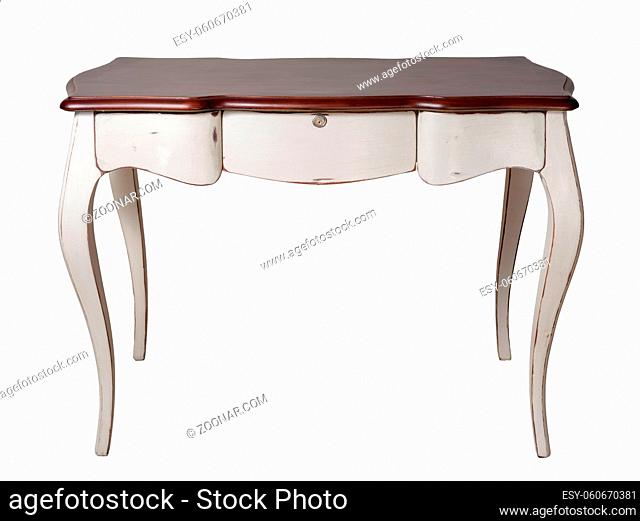 Vintage Furniture - Retro wooden desk table with white legs and three drawers isolated on white background including clipping path