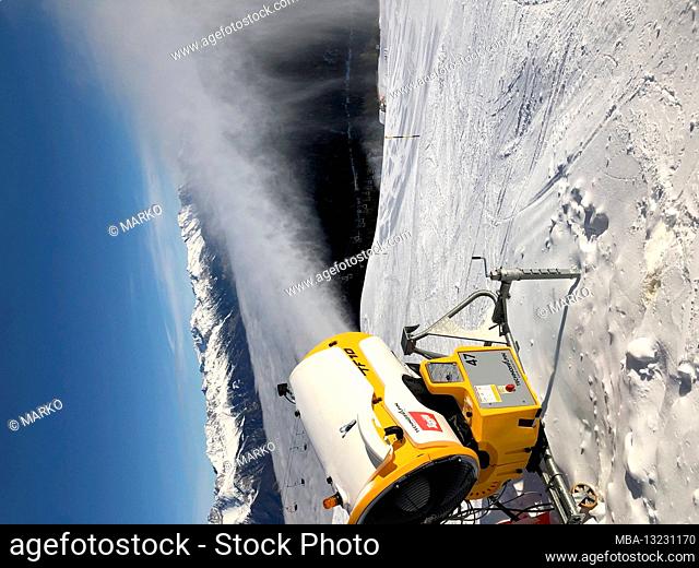 Snow cannon, panoramic view, Axamer Lizum, Hoadl-Haus, mountains, blue sky, fog in the Inn Valley, Axamer Lizum ski area, snow, winter, Axams, Tyrol, Austria