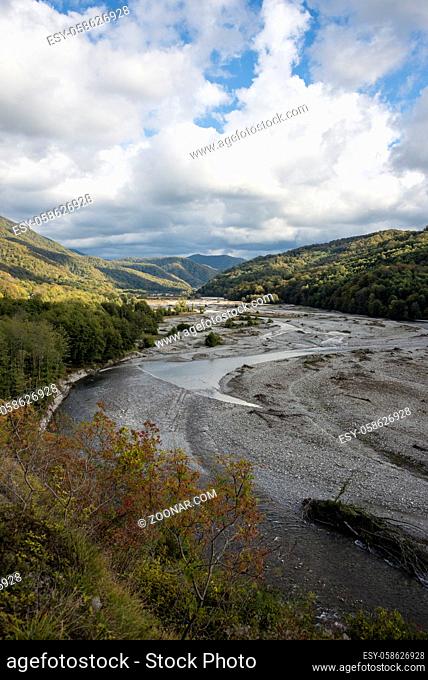 Shahe river and Caucasus mountains near Sochi, Russia. 2 November 2019