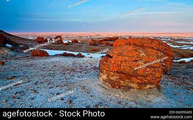Unusual round red boulders in Red Rock Coulee in Southern Alberta, Canada