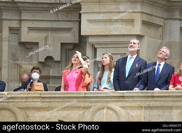 King Felipe VI of Spain, Queen Letizia of Spain, Crown Princess Leonor, Princess Sofia visit Santiago de Compostela during National Offering to the Apostle at...