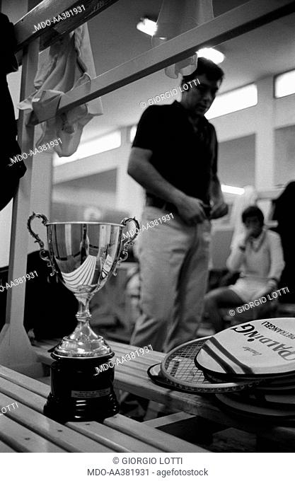 Nicola Pietrangeli and Ezio Di Matteo at the Italian tennis championship. Italian tennis players Nicola Pietrangeli and Ezio Di Matteo relaxing in the changing...