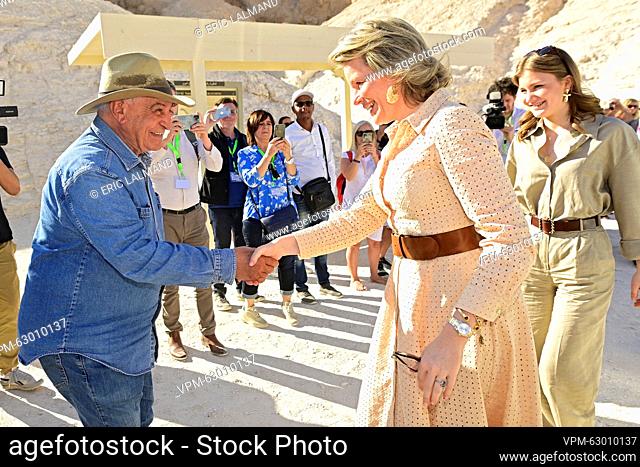 Dr Zahi Hawass, Crown Princess Elisabeth and Queen Mathilde of Belgium pictured during a visit to the the archaeological site of Shaykh Abd-al-Qurna