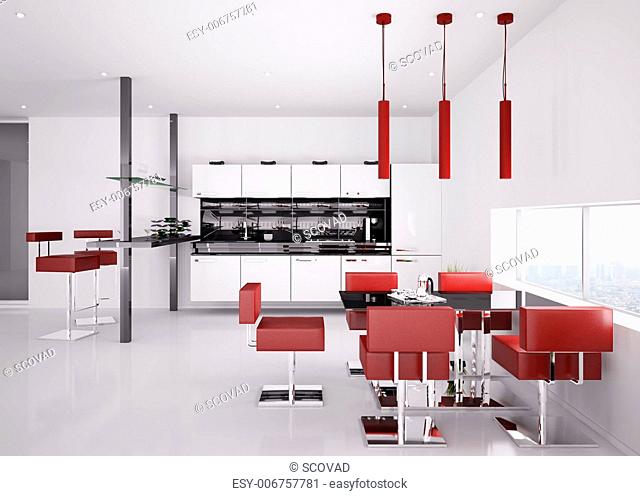 Interior of modern white kitchen with red chairs 3d render