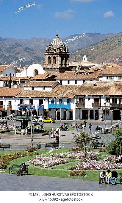 Looking across Plaza de Armas to Iglesia de la Merced, Cusco, Peru