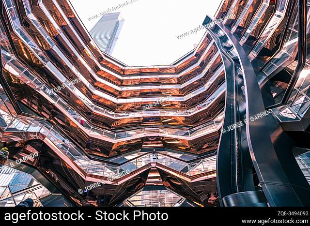 The vessel, a modern art, honeycomb like staircase in the center of the Hudson Yard open for visitors. New York City, NY