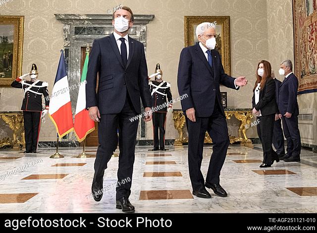 Italian President Sergio Mattarella, right, and French President Emmanuel Macron before a meeting at the Quirinale Presidential Palace in Rome 25 Nov 2021