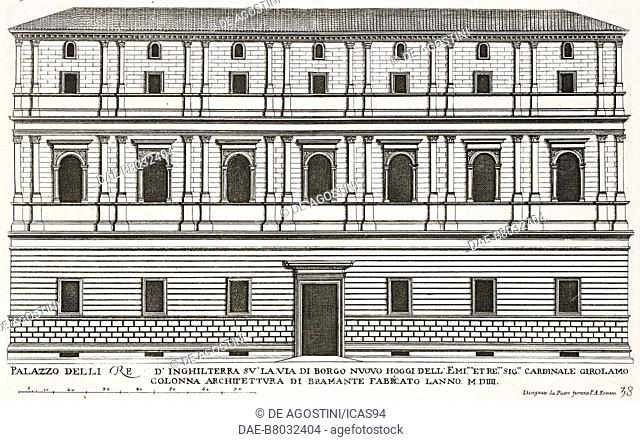 Facade of Palazzo Castellesi (or Palazzo del Corneto), then Palazzo Giraud-Torlonia, by Bramante, 1504, Rome, Italy, etching, drawing by Pietro Ferrerio