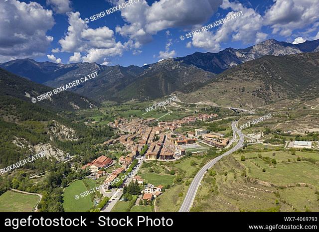 Aerial view of the town of Baga . In the background, the Moixeró mountain range and the Bastareny valley (Berguedá , Barcelona, Catalonia, Spain, Pyrenees)