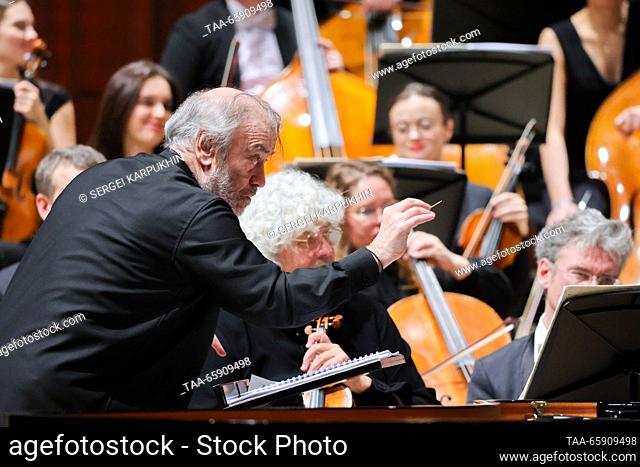 RUSSIA, MOSCOW - DECEMBER 19, 2023: Bolshoi Theatre head, Mariinsky Theatre general and artistic director, conductor Valery Gergiev performs during a concert by...