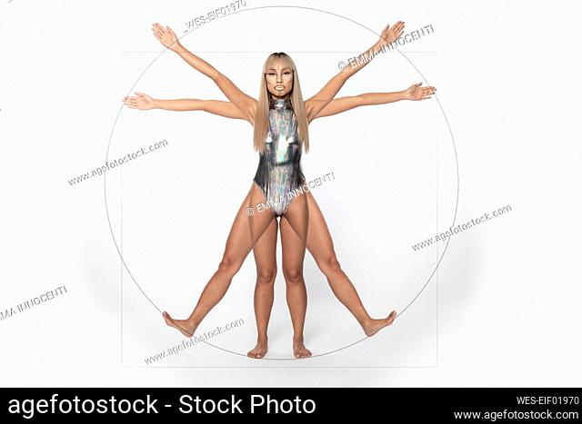 Robot woman in Vitruvian position over white background