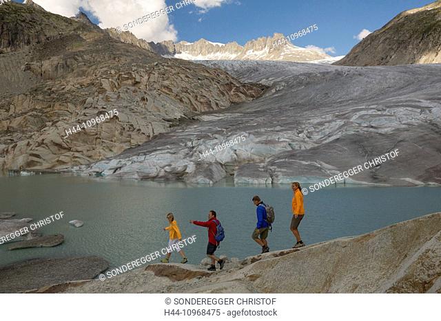 Gletsch VS, walking, hiking, Rhone glacier, Furka Pass, canton, VS, Valais, footpath, walking, hiking, glacier, ice, moraine, mountain lake, Switzerland, Europe