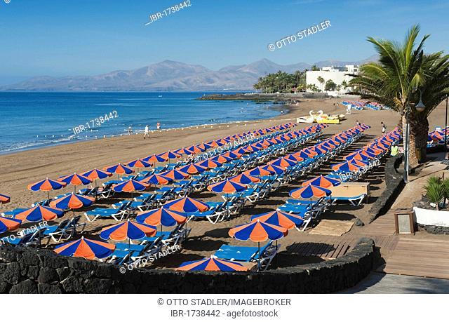 Beach umbrellas on the sandy beach, Playa Grande, Puerto del Carmen, Lanzarote, Canary Islands, Spain, Europe