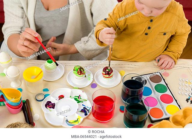 Mother, boy, toddler, Easter eggs, painting, dyeing