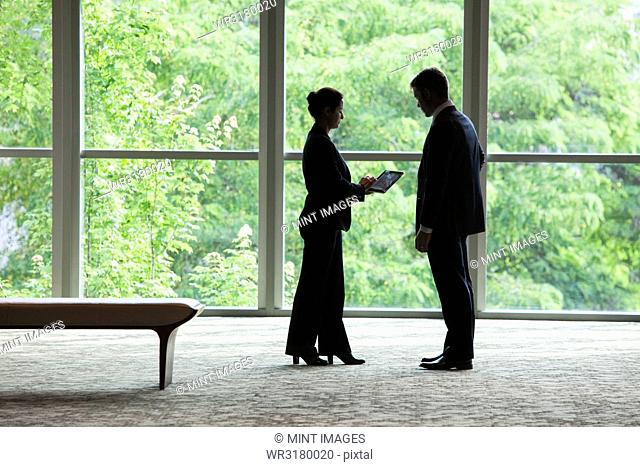 Caucasian businessman and woman looking at a computer notebook in front of a large window in a business centre lobby