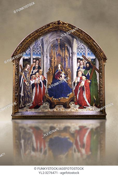 Gothic painted Panel Virgin of the "Consellers" by Lluis Dalmau. Tempera and gold leaf on wood. Date 1443-1445. Dimesions 316 x 312. 5 x 32. 5 cm