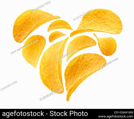 Potato chips in the shape of a heart on a white background