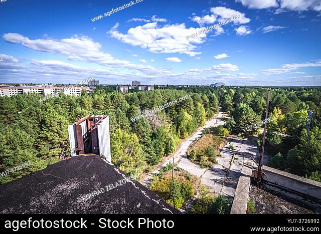 Aerial view of Pripyat ghost town in Chernobyl Nuclear Power Plant Zone of Alienation around the nuclear reactor disaster in Ukraine