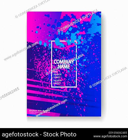 Artistic cover frame design paint splatter vector illustration. Blurred neon blue color gradient. Abstract texture geometric striped pattern trend background