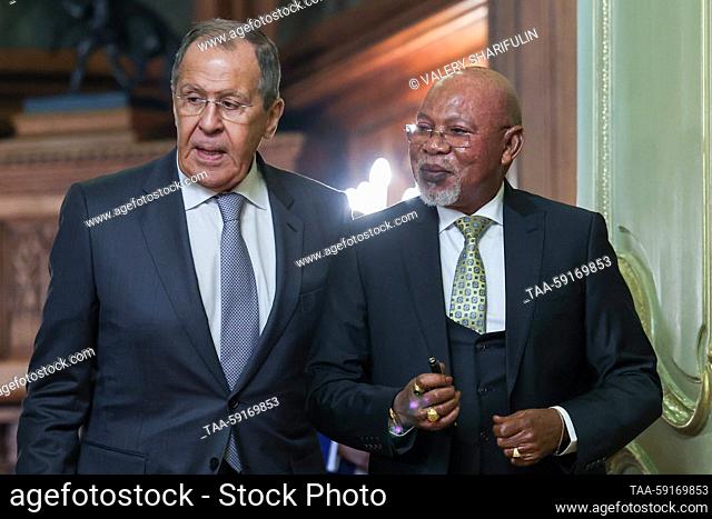 RUSSIA, MOSCOW - MAY 18, 2023: Russia's Foreign Minister Sergei Lavrov (L) and his Ugandan counterpart Jeje Odongo hold a meeting at the Reception House on...