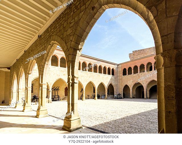Porticoed interior of the Castle of Móra de Rubielos, Teruel, Aragon, Spain
