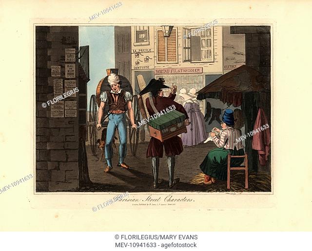 Parisian street characters. Handcolored aquatint engraving after an illustration credited to Victor Auver from A Tour through Paris, William Sams, London, 1825