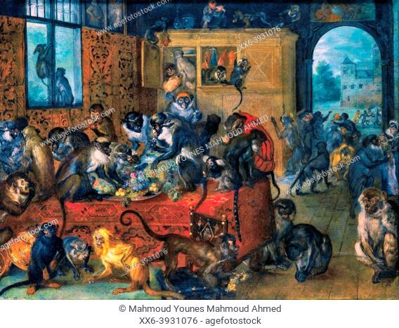 Monkeys feasting (Singerie) is an oil painting which 1620 - by Artist	Jan Brueghel the Elder (1568–1625).