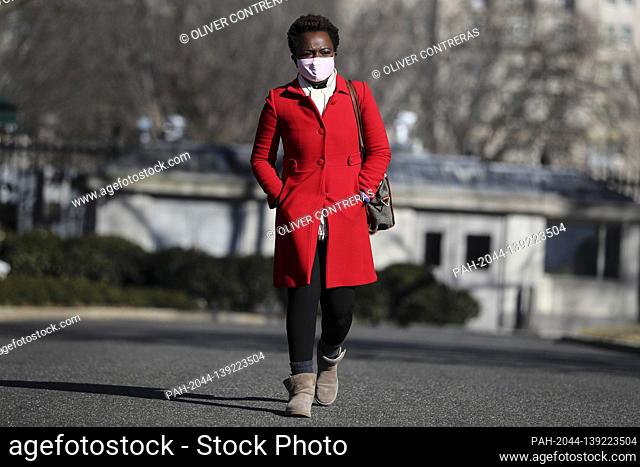 White House Deputy press assistant Karine Jean-Pierre, walks towards the White House after a TV interview on January 24, 2021 in Washington, D.C
