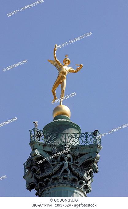 Freedom Genius statue by Auguste Dumont on the July column at the place de la Bastille, Paris, France