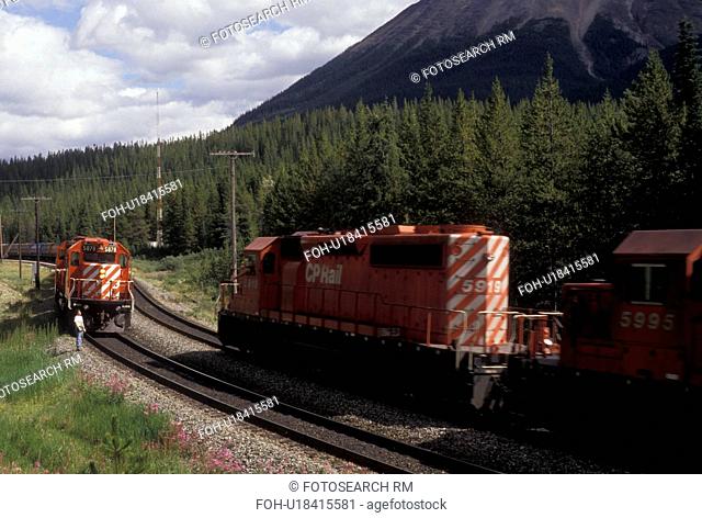 train, Yoho National Park, Canada, British Columbia, Canadian Rockies, Canadian Pacific Railway Trains at Kicking Horse Pass in Yoho National Park in British...