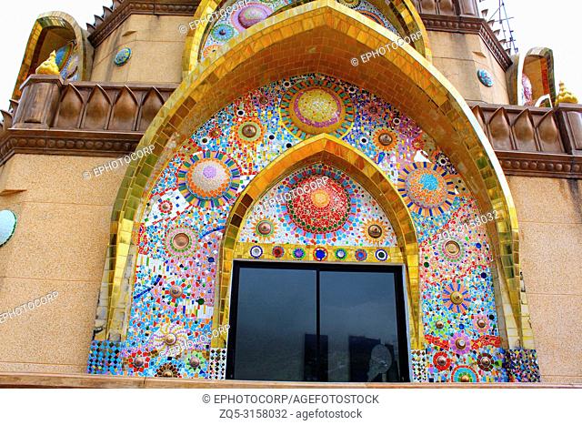 Petal shaped wall design decorated with colorful mosaic tiles at Pha Sorn Kaew, Khao Kor, Phetchabun, Thailand