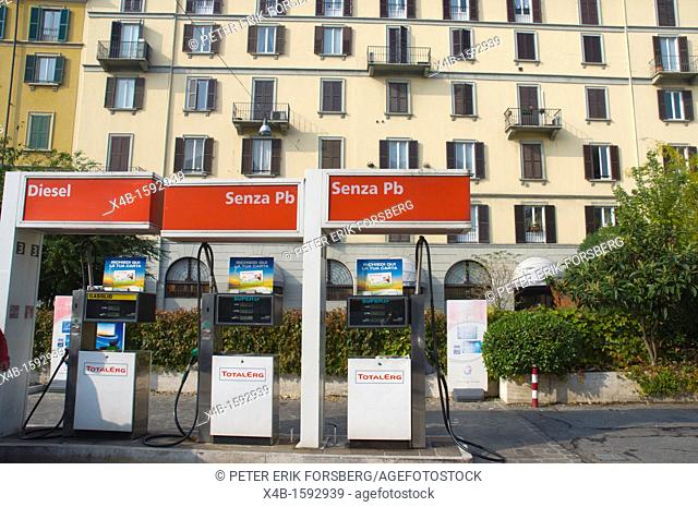 Petrol gas service filling station and petrol pumps Brera district central Milan Lombardy region Italy Europe