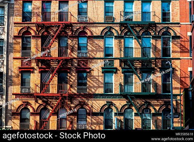 New York City / USA - JUL 31 2018: Close up of apartment buildings in Chinatown in Lower Manhattan