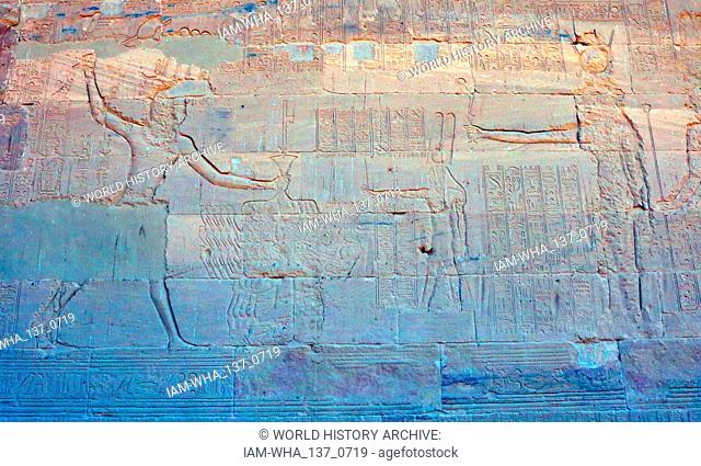 Philae, an island in the reservoir of the Aswan Low Dam, downstream of the Aswan Dam and Lake Nasser, Egypt. The temple complex was dismantled and moved to...