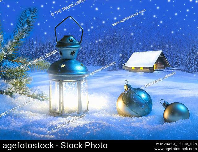 Specials Christmas Snow scene at night with lantern and baubles Xmas Snow scene Snow scenes Snowy Snowing Ice Icy Chalet Chalets Log cabin Log cabins...