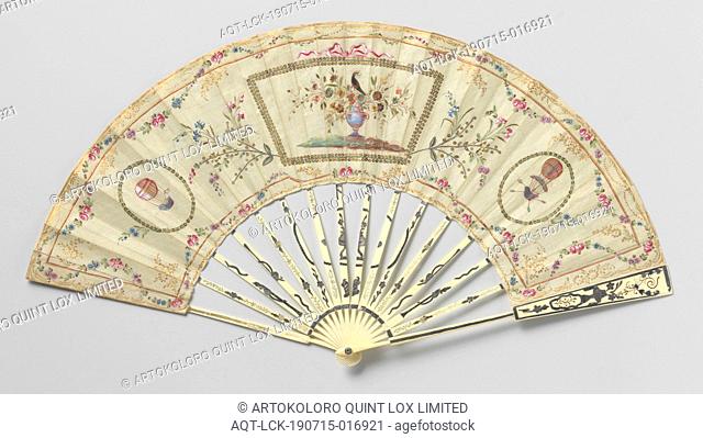 Folding fan, silk sheet painted with gouache and decorated with straw, feathers and mother-of-pearl and metal spangles: central cartouche with a bird on a...