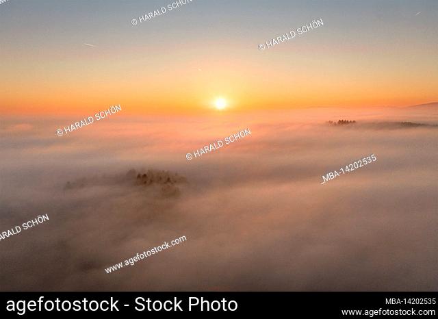 Germany, Thuringia, Großbreitenbach, Wildenspring, ground fog, pieces of forest protrude through the fog, sunrise, backlight