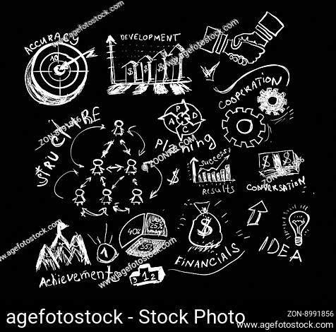 Business hand drawn symbols. Vector illustration on black