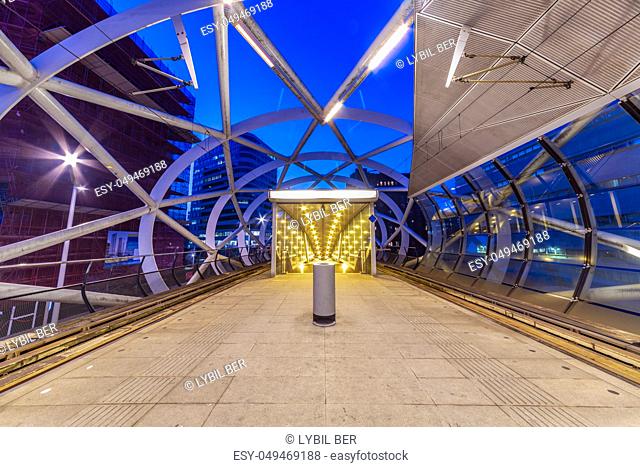 The Hague Beatrixkwartier tram station platform illumated at night waiting for passengers during the blue hour, The Hague, Netherlands