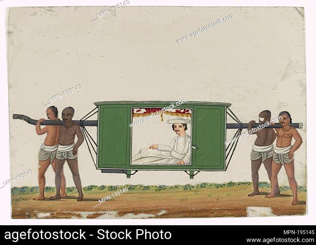 Aristocrat in white costume seated in green palanquin, carried by four bearers. Indian coloured drawings: a collection of 177 original paintings on ""talc