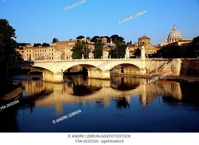 Italy. Rome. Looking across the Tiber River and Ponte Vittorio Emanuele to Vatican City
